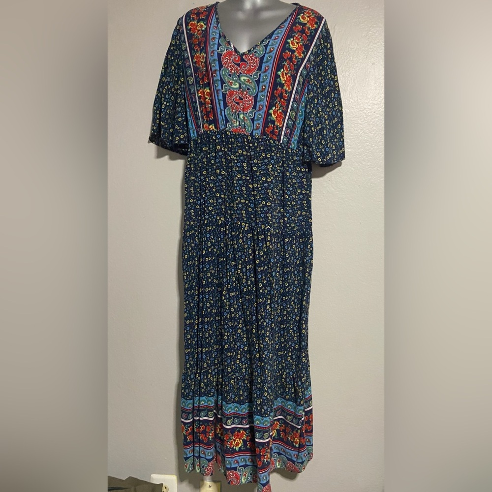 Blue Floral Pleated Maxi  with Flutter Sleeves